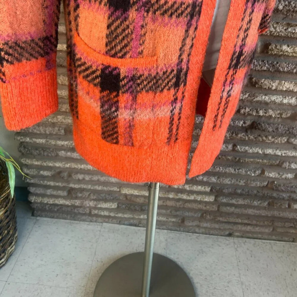Lucky BRAND Women's Brushed Orange Plaid Duster Open Drape Cardigan Sweater - Picture 6 of 9